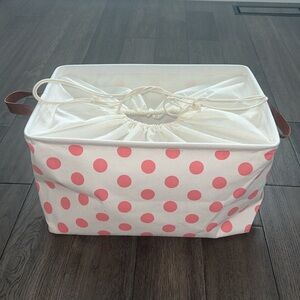 polkadot drawstring sack basket with leather like handles